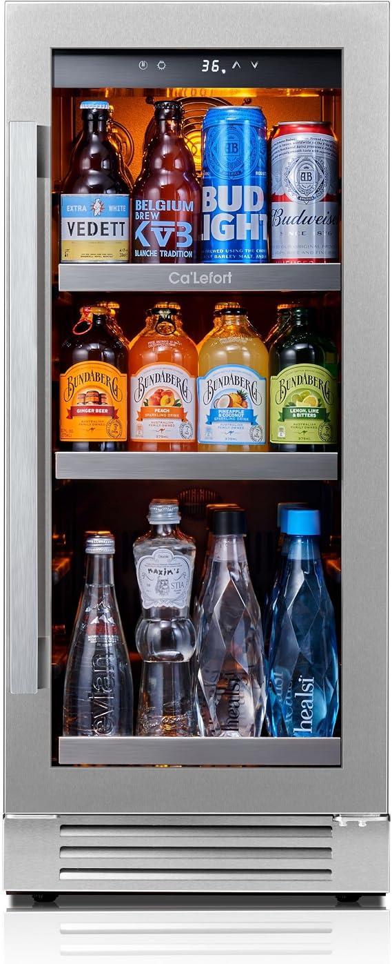 Ca'Lefort 15'' Beverage Fridge Under Counter, 100 Can Beverage Refrigerator | Built-in or Freestanding Beverage Cooler with 3-Color LED Light, 34-54F for Kitchen Home Bar, Right-Hinged, 3.0 Cu.Ft