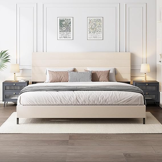 Furnihome King Size Bed Frame with Adjustable Headboard, Modern Upholstered Linen Bed Frame King, Wooden Slats Support Platform, No Box Spring Needed,Easy Assembly,Beige