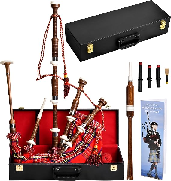 Highland Redstone Scottish Bagpipe – Full Size Cocuswood Bagpipe in Rosewood Finish with Silver Plain Mounts & Free Tutor Book in Various Tartans (Royal Stewart Tartan)