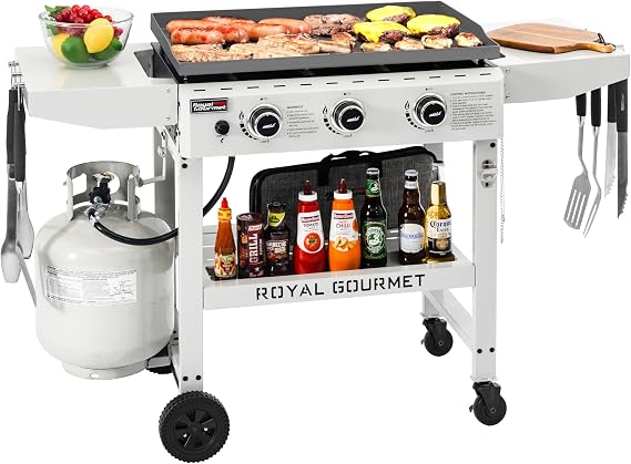3-Burner Propane Gas Griddle with Foldable Side Tables, 28-Inch Flat Top Grill with 492 Sq. In. Cooking Area for Outdoor Grilling like Camping or Tailgating, White, GB3000W-SC