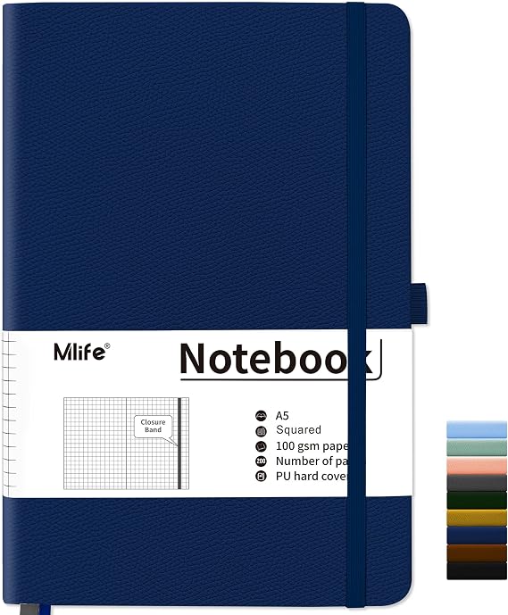 Mlife A5 Notebook Squared 200 Pages Notebooks Hardcover Premium 100 gsm Ink-Proof Paper Thickness PU Hard Cover Notebook Inner Pocket Elastic Band Bullet Journal and Notepad Diary (Blue)