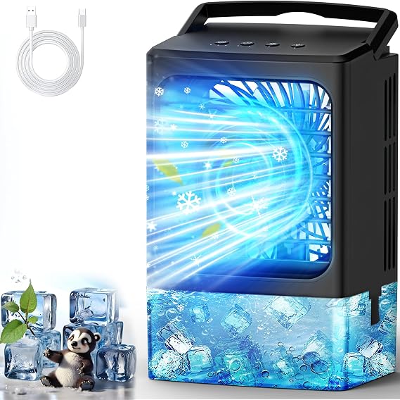 Portable Air Conditioners,4-IN-1 Mini Air Conditioner 3 Speed Humidify & 3 Modes, 2-8H Timer, 7 LED Light, USB Cooling Fan Small Air Conditioner Air Cooler Fan for Room,Bedroom, Camping