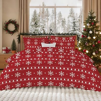 Nayoroom Christmas Duvet Cover Queen Size - Holiday Bedding Set, Red White Snowflake Christmas Tree Striped Duvet Cover, 3 Pieces Xmas Theme Bedding Gifts for Women Men