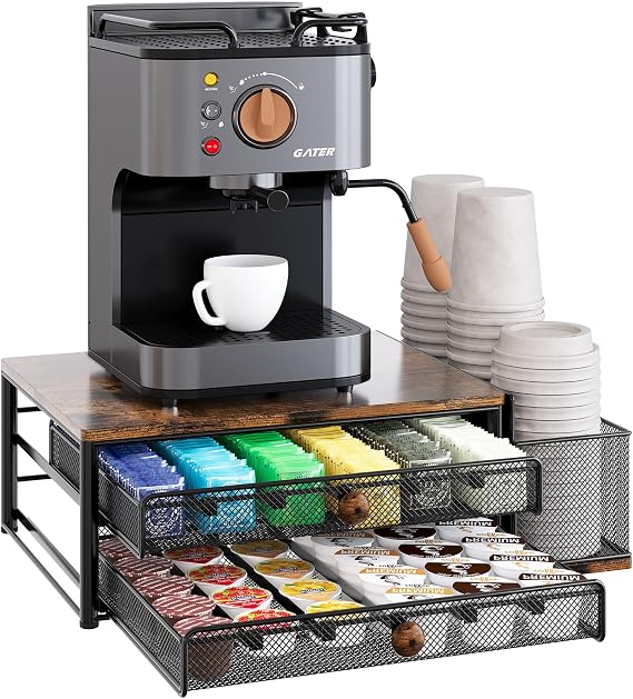 TQVAI Coffee Pod Holder with Cups Lids Holder 60 Capsules Coffee Pod Storage Drawer Coffee Station for Dolce Gusto Vertuo Pods Tea Bag Syrup, Black