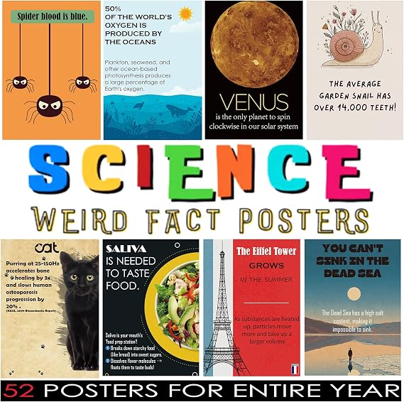 1step2dream Funny Science Posters for Elementary Classroom - Weird Educational Bulletin Board Decor with Amazing Facts - Inspire Students with Thought Provoking STEM Displays