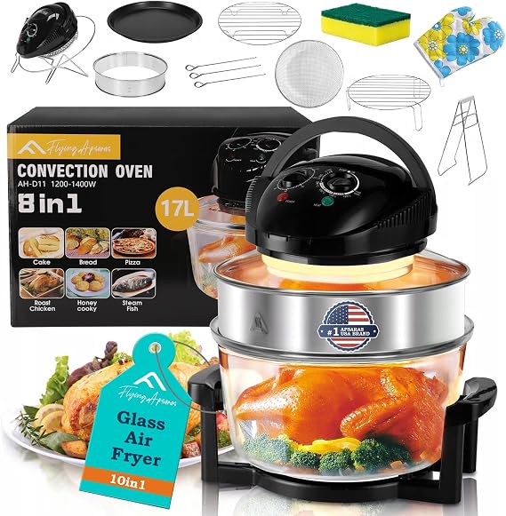 APSARAS USA Upgraded 10 in1 Glass Air Fryer Non Toxic,17 Quart Convection Oven Countertop Air Fryer Glass, Healthy Kitchen Bake,Grill,Steam Broil, Roast -Includes Bowl,Broil Rack,Toasting Rack