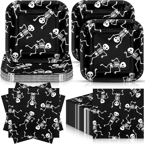 Zhehao 72 Pcs Halloween Paper Plates and Napkins Halloween Skeleton Party Supplies Set Serve 36, 7" Square Dessert Plates and Dancing Skull Napkins Disposable Dinnerware Decoration Spooky