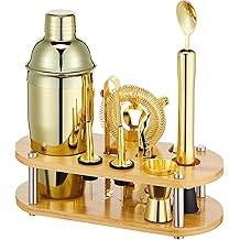 Cocktail Shaker Set Bartender Kit - 11 Pcs Bar Tool Set with Bamboo Stand & All Bar Accessories: Martini Shaker, Strainer,Jigger, Muddler, Mixer Spoon Barware Kit, for Bar, Home Lounge & Party(Gold)
