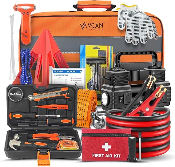 Car Emergency Kit with Portable Air Compressor, First Aid Kit, Jumper Cables, Roadside Safety Emergency Tool Kit for Women, Men, Teen