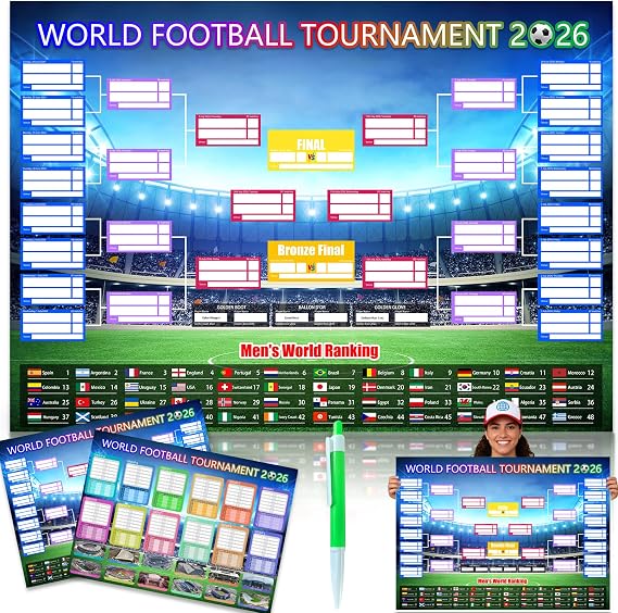 2PCS World Cup Football 2026 interactive Foldable Poster Handwritten Watercolor Pen Team Information and World Cup Football Match Schedule Chart Bedroom Gymnasium Wall Display Fan Poster Gift 58x42cm