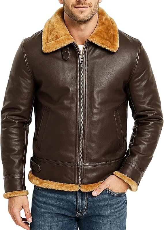 Men B3 Bomber Men Sheepskin Jacket | WWII Flying Pilot Air Force Style Olive Brown Genuine Leather Coat