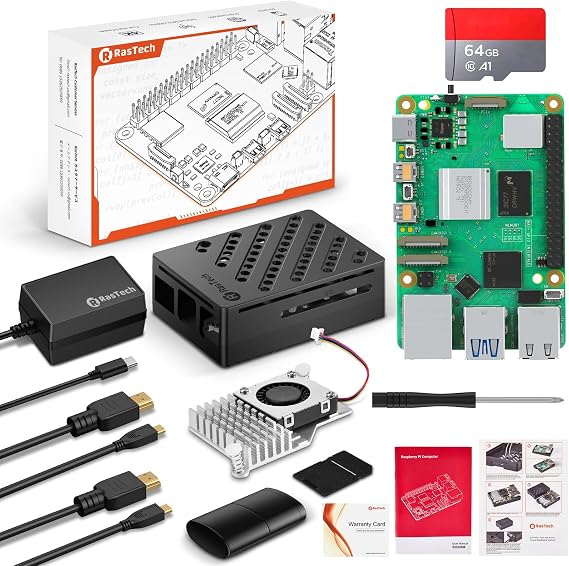 RasTech Raspberry Pi 5 4GBキット 64GBエディション アクティブクーラー付き、27W GaN 5.1V5A USB-C電源、Pi5 4GBボード、64GBカードリーダーキット、Pi 5ケース、デュアル4KマイクロHD出力ケーブルとユーザーマニュアル付き。