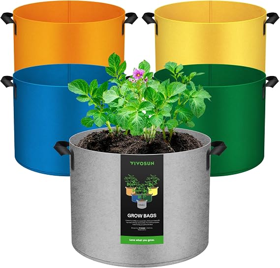 VIVOSUN 5-Pack 10 Gallon Colorful Grow Bags, 350G Fabric Pots with Handles | Vibrant Colors, Thickened Nonwoven Fabric, Excellent Drainage, Healthy Root Growth, BPA-Free, Reusable