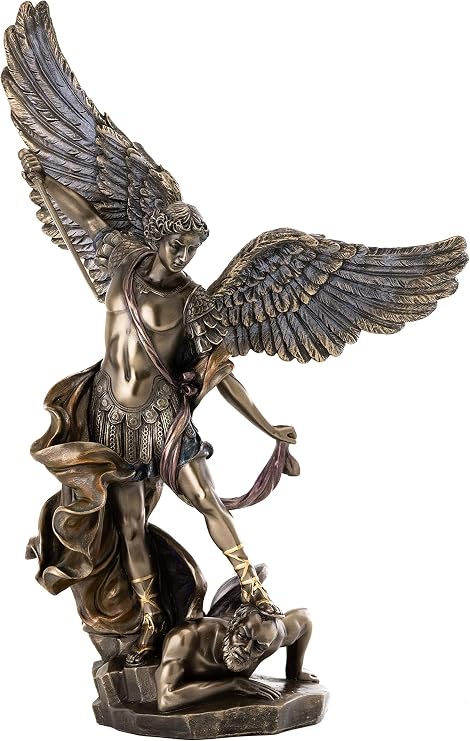 Top Collection Archangel St. Michael Statue - 14.5-Inch Saint Michael Defeating Lucifer in Religious Premium Cold-Cast Bronze Sculpture - Collectible Angel of Heaven Stepping on Demon Figurine