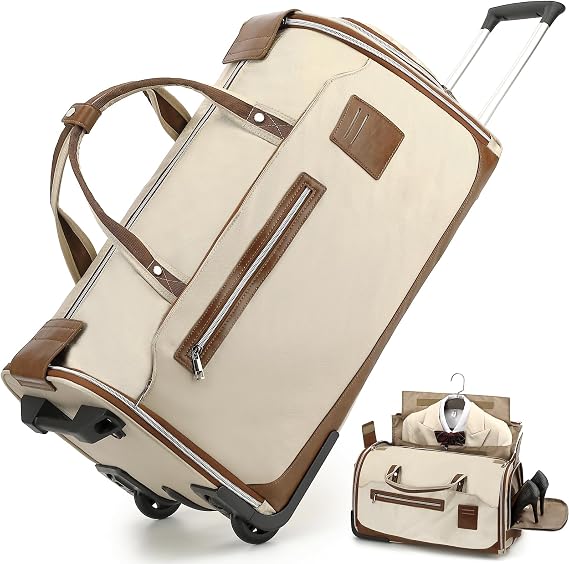 Rolling Garment Bags for Travel Suit Dress Bag with Wheels Handle 55L Carry on Garment Duffle Bag for Women with Shoe Compartment 3 in 1 Foldable Travel Luggage for Business Wedding, Beige