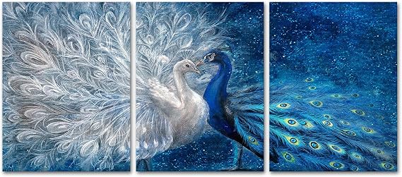 OuElegent Peacock Canvas Wall Art Blue and White Peacock Couple Painting Pictures Elegant Animal Prints Romantic Kiss Artwork for Living Room Bedroom Wall Decor Ready to Hang 12"x16"x3Pcs (small)