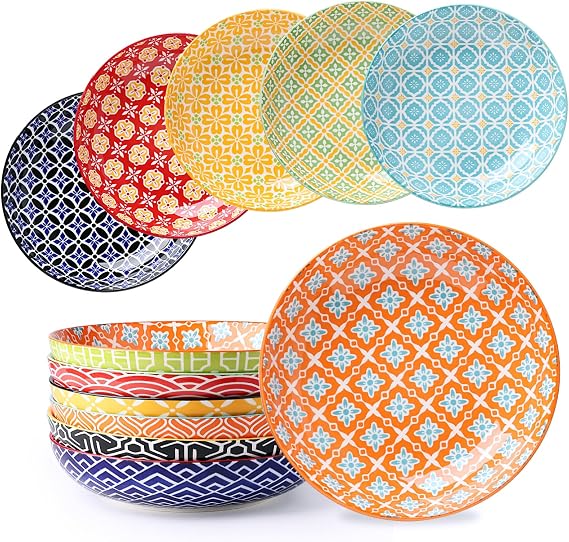 Metahom Ceramic Pasta Bowls Set of 6, 8 Inch Salad Shallow Bowls 30 Oz | Colorful Serving Bowls for Dinning, Deep Bowl Plate for Pasta, Salad, Soup, Fruit, Stackable, Dishwasher & Microwave Safe