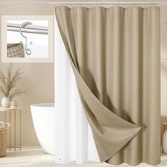 3 in 1 Light Brown Shower Curtain Set with PEVA Liner & 12 Hooks, 72 x 72 | Fabric shower curtain, modern hotel style, contemporary bathroom decor, standard shower space
