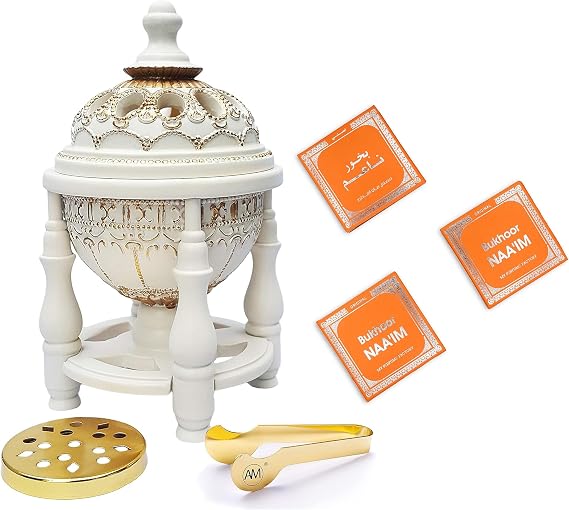 AM Charcoal Incense Burner & Arabiyat Oud Bakhoor Naaim (3-Pack) Elegant 4-Pillar White Bakhoor Burner with Exotic Woody & Musky Bukhoor Incense Ideal for Home, Meditation, and Office Decor