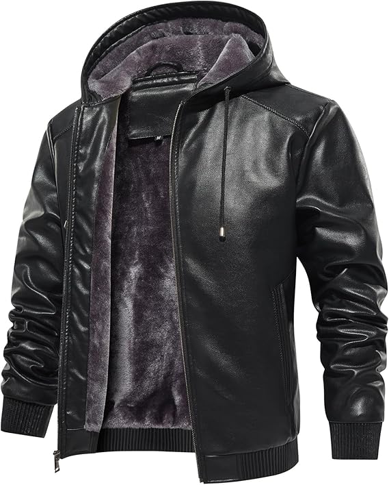 MANSDOUR Men's Faux Leather Jacket Warm Black Motorcycle Bomber Jacket with Removable Hood