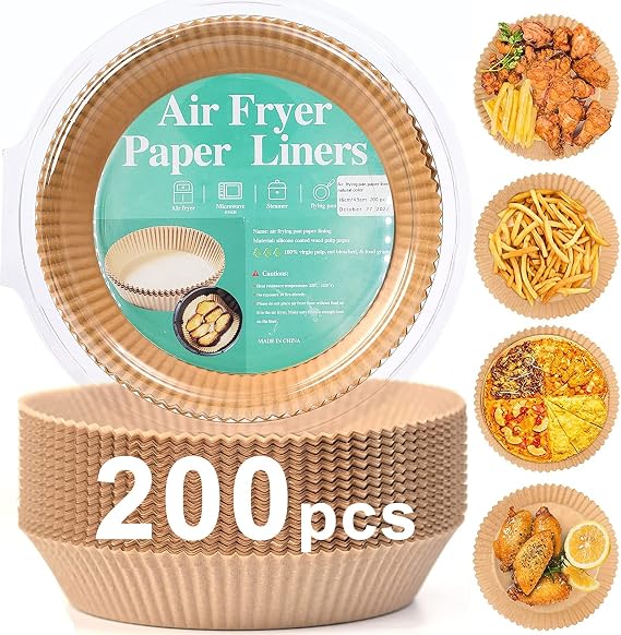 200pcs Air Fryer Disposable Paper Liner, Non-Stick Disposable Air Fryer Parchment Paper Liners, Baking Paper for Air Fryer Oil-Proof, Water-Proof, Food Grade Parchment(6.3" in Bottom, 8" on top)