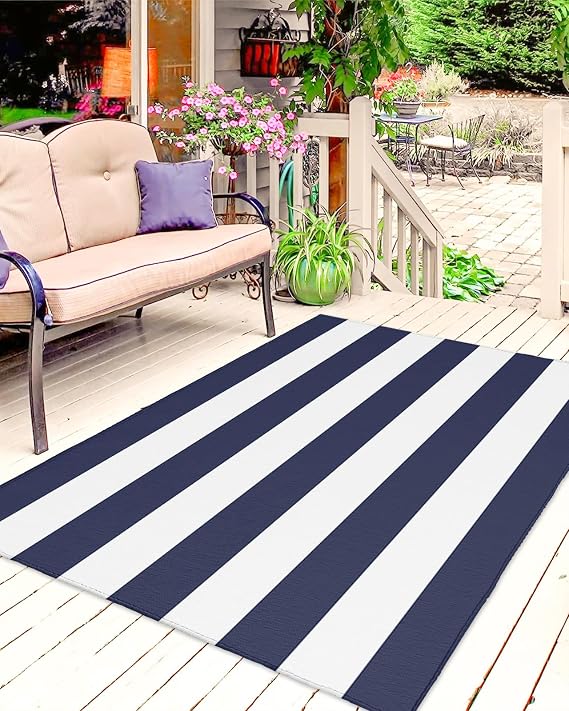 Blue Stripes Outdoor Rug for Patio/Deck/Porch, Non-Slip Large Area Rug 6 x 9 Ft, Simple Blue White Texture Indoor Outdoor Rugs Washable Area Rugs, Reversible Camping Rug Carpet Runner