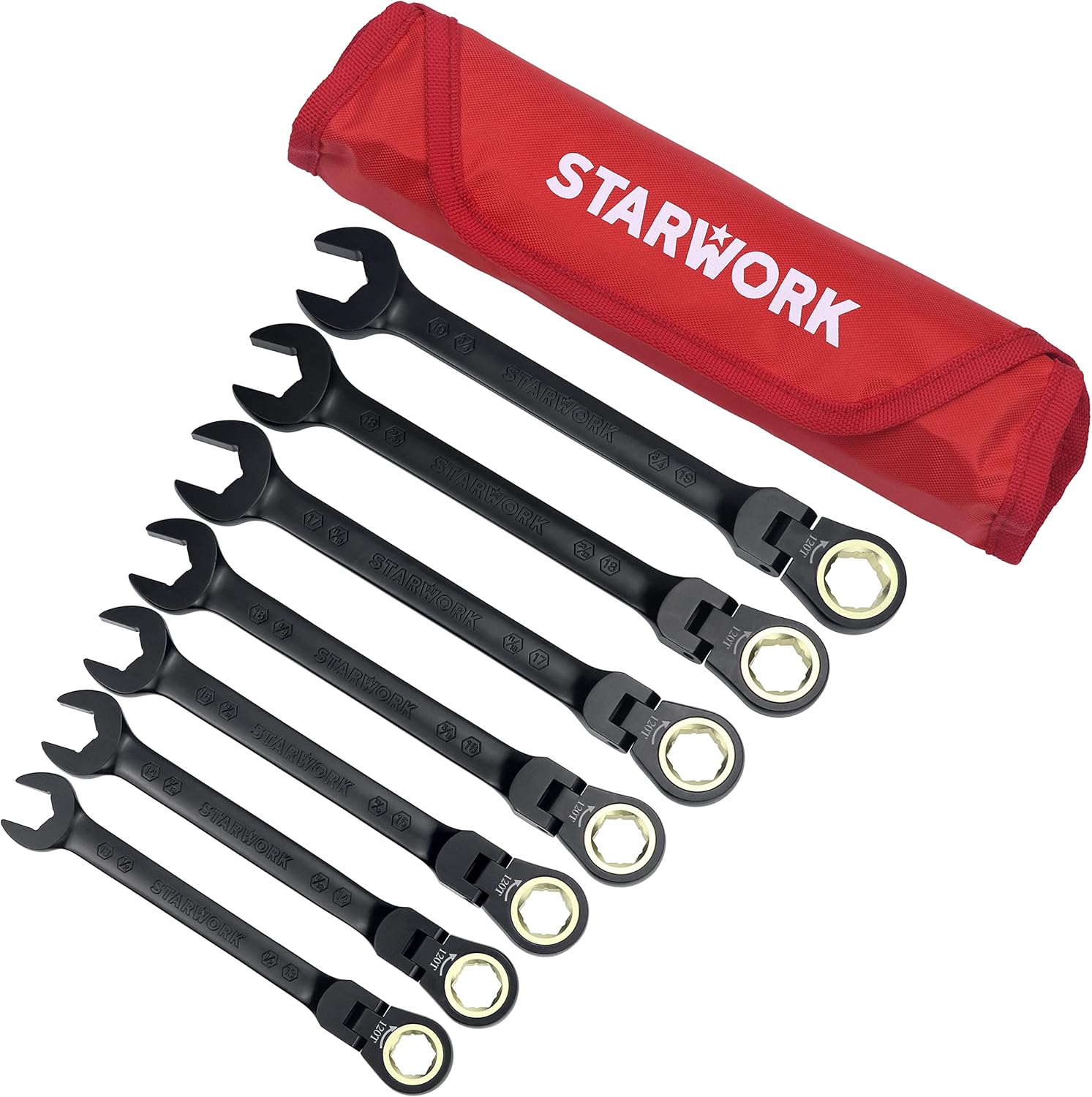 STARWORK True Mechanic™ 7Pc. 120T SAE&Metric Flexible Ratcheting Wrench Set, Professional, with Roll-Up Pouch Bag