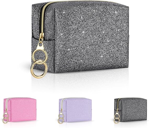 Mini Makeup Bag, Small Glitter Cosmetic Bag for Purse with Ring Buckle, Portable XS Travel Makeup Pouch for Girls Women Daily Use (Black)