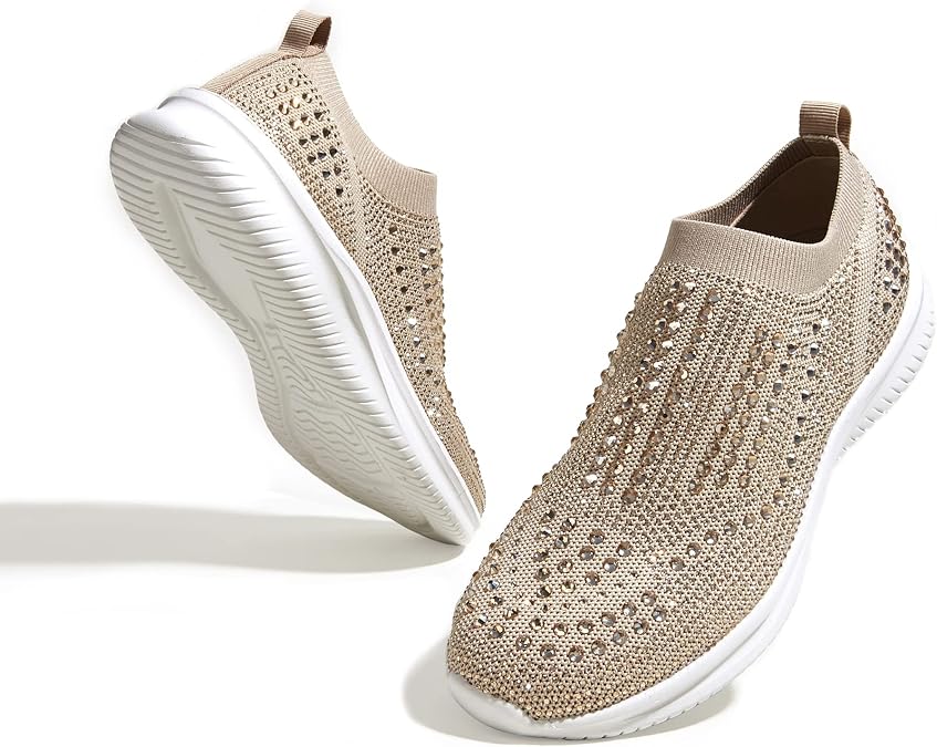 BELOS Women Rhinestone Slip On Walking Breathable Shoes | Mesh Knit Sock Shoes Fashion Comfortable Sparkly Sneaker