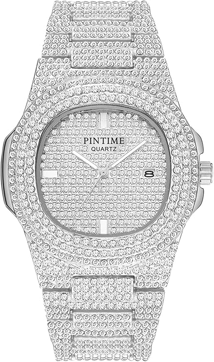 PINTIME Men's Diamond Watch Luxury Unisex Silver Gold Iced Out Bling CZ Crystal Fashion Quartz Women Watch, Silver