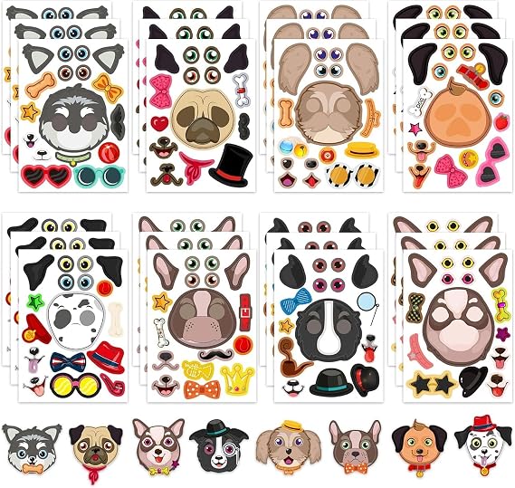 24 Sheets DIY Dog Face Stickers for Kids - Create Your Own Animal Stickers, Birthday Party Favors, Classroom Art Craft Activities & Teacher Rewards (7x5 Inch)