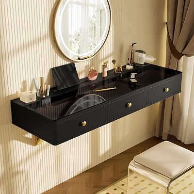 Merax Makeup Vanity Desk 47 Floating Shelf with 3 Drawers for Makeup Jewelry Organisation, Multi-Purpose Wall-Mounted Vanity Shelf for Bedroom Bathroom Hairdressers, Bear 100LBS, Black and Golden