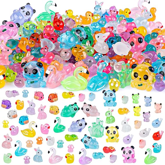 150pcs Luminous Mini Resin Animals,Tiny Animals Glow in The Dark Miniature Resin Animal Figures Bulk,Mini Panda Duck Dolphin Rabbit for Fairy Garden Micro Landscape Aquarium Dollhouse Decor