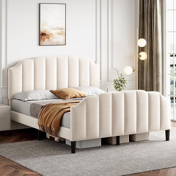 4ft6 Double Bed Frame Upholstered Platform Bed with Adjustable Chic Channel-Tufted Headboard and Footboard, Velvet, Underbed Storage, Metal-Wood Support, No Box Spring Needed, Easy Assembly, Beige