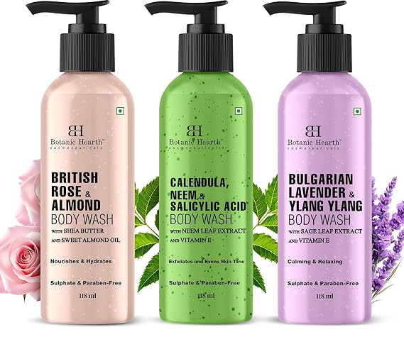 Botanic Hearth Relax & Renew Body Wash Set - 4 fl oz Each 3-Pack | Botanic Hearth Relax & Renew Body Wash Set | British Rose, Lavender & Calendula Neem | Travel Size Shower Gel | Men & Women