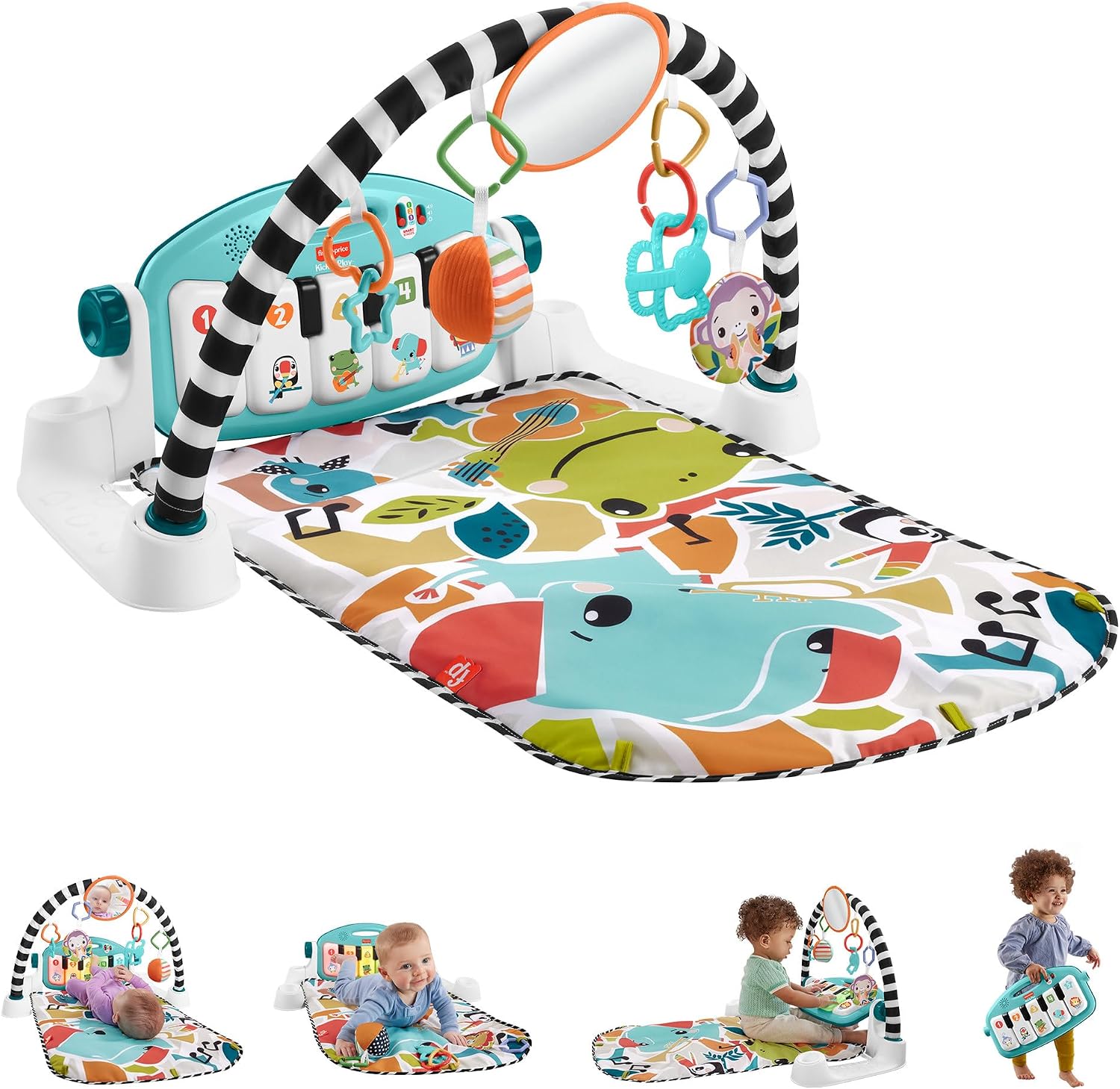 Fisher-Price Blue Fisher-Price Cheerful Animals Musical play mat and piano gymnastics center with Age Development for Babies and Turkish language support, portable music toy, HWY49