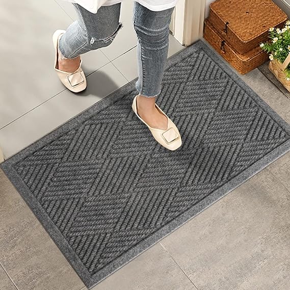 HIYARD Sturdy Front Door Mat, Absorbent Muddy Dirt Resist Welcome Door Mats Outdoor Indoor, Stain and Fade Resistant, Non-Slip Rubber Backing Low Profile Doormat for Entryway, 3017, Grey