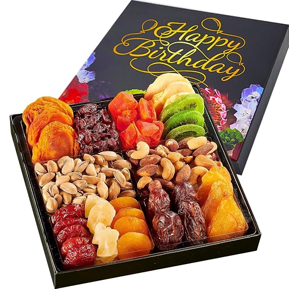 Happy Birthday Dried Fruit & Nuts Gift Basket Arrangement Platter, Gourmet Food Snack Box, Birthday Care Package, Healthy Kosher, Her Him (12 Assortment)