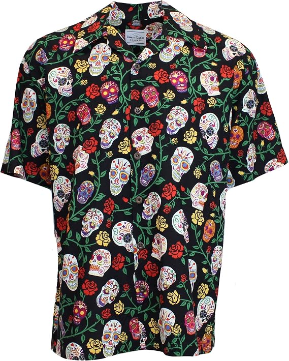 David Carey Sugar Skull Camp Shirt Black Button Up Collared Short Sleeve Mechanic Camp/Club Shirt