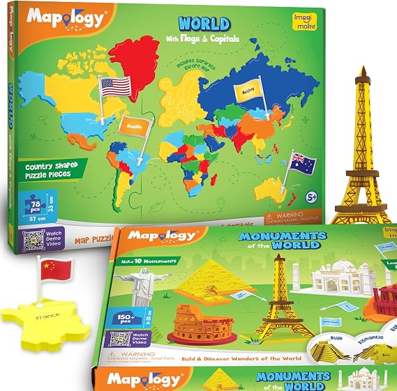 Imagimake Mapology World Map Puzzle & Monuments of World Bundle | 3D Puzzles for Kids | Learn Wonders of the World, Country and Capitals for Kids Ages 5 6 7 8 9 10 11 12 13 Years