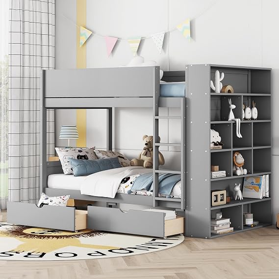 Twin Over Twin Bunk Bed, Wood Twin Size Bunk Bed Frame with 2 Drawers and Multi-Layer Cabinet, Gray