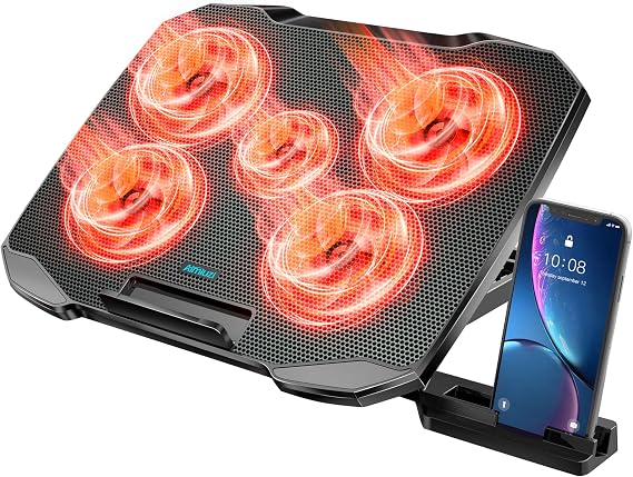 AIMIUZI Laptop Cooling Pad for Computer Laptop Cooler for 12-15.6 Inch Notebooks, Laptop Cooling Stand with 5 Quiet Fans, 5 Height Adjustable,2 USB Ports, Phone Stand