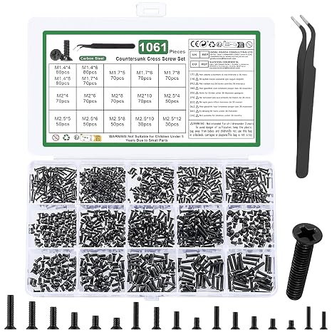 1061 Pcs Small Screws Set, Micro Countersunk screws for Glasses Screw, Tiny Mini Machine screw Assortment, Small Flat Head screws, Phillips Electronic Screwb Bolts for Watch PC Laptop Scaews