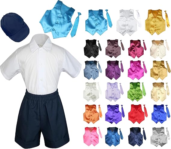 5 Pieces Formal Wedding Color Satin Vest & Necktie Shirt W/Hat Navy Shorts Set Baby Boy Toddler Sm-4T