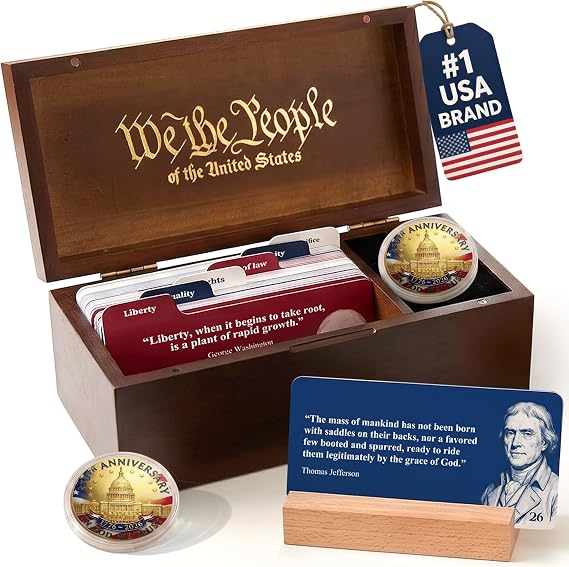 USA 250th Anniversary Keepsake Box 120 Founding Fathers Quote Cards & Challenge Coin | 250 Anniversary USA Merchandise | 17762026 Commemorative Collection | America 250 Gift | Memorabilia