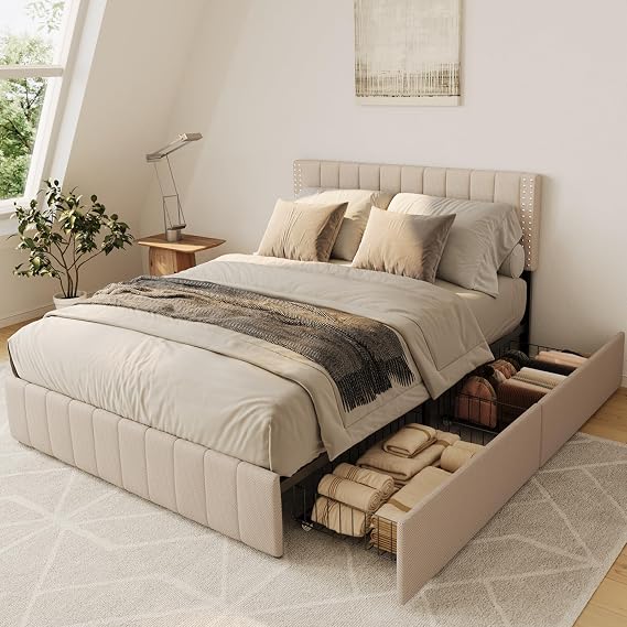 Gizoon Upholstered Full Bed Frame with 4 Storage Drawers, Headboard Adjustable, Noise Free, Wooden Slats Support, Fits 6 to 12 Mattress, No Box Spring Needed
