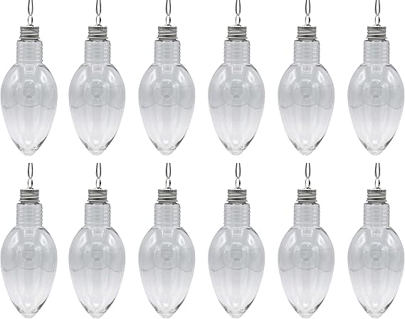 Creative Hobbies Clear Plastic Fillable Light Bulb Ornaments, 5.5 Inch PET with Screw Caps and Hanger Cords 12 Pack