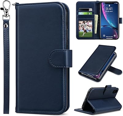 ULAK Compatible with iPhone XR Wallet Case for Women Man, Premium PU Leather Folio Flip Case with Card Holders Kickstand Wrist Strap, Shockproof Protective Phone Cover 6.1 inch, Blue