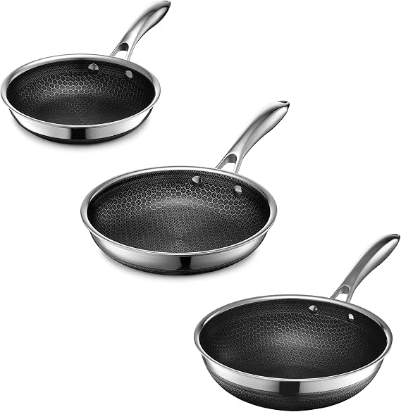 HexClad Hybrid Nonstick 3-Piece Cookware Set, 7" Pan, 10" Pan, and 10" Wok, Stay-Cool Handles, Dishwasher and Oven-Safe, Induction Ready, Compatible with All Cooktops