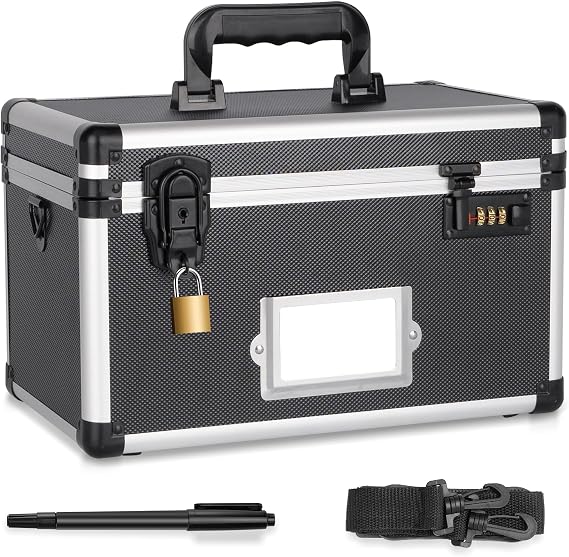 LOCKCURX Medication Lock Box, Lockable Storage Box with Dual Locks (Combination & Padlock), Lockbox with Shoulder Strap & ID Label Slot, for Valuables and Medicine(13.4 x 7.5 x 8.3 Inch, Black)